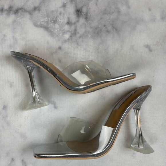 Tony Bianco Serri Clear Vinyl + Metallic Silver Hourglass Heel Mule Sandals Sz 7 - Picture 2 of 12